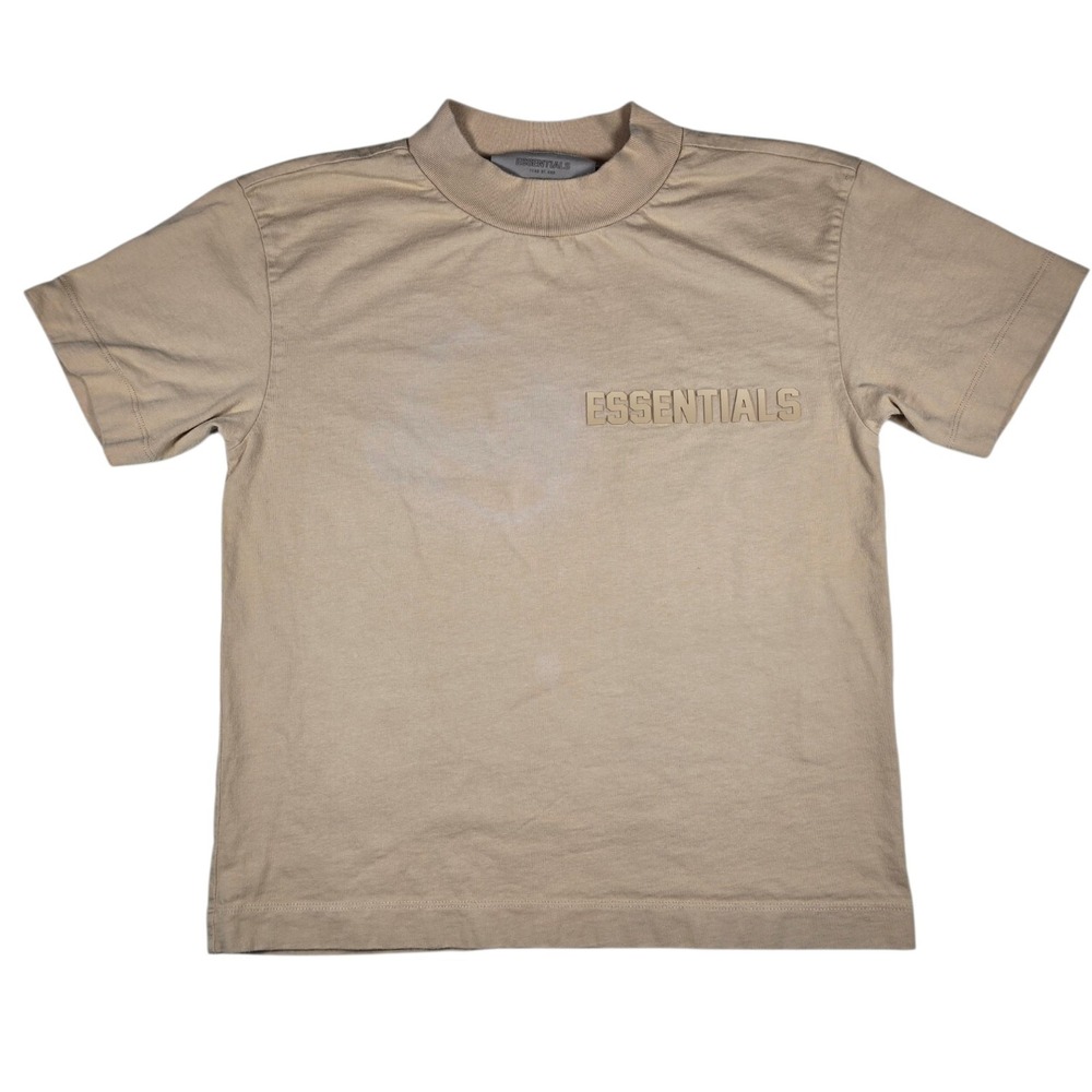 ESSENTIALS Fear Of God Flocked Boxy Sand 100% Cotton Logo T-Shirt Women's S FLAW